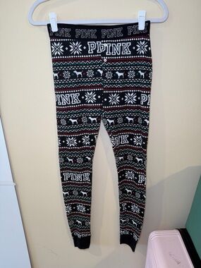 PINK Victoria's Secret Black Fair Isle Logo Leggings with Red & Green Accents